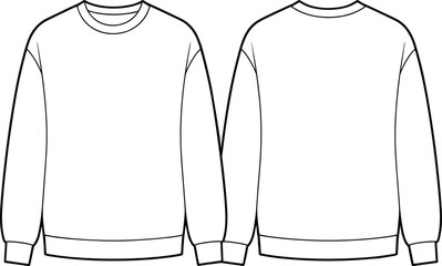 Technical fashion flat sketch of blank crewneck sweatshirt with long sleeves, ribbed cuffs and hem, front and back viewsTechnical fashion flat sketch of blank crewneck sweatshirt 
