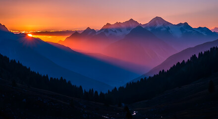 Fototapeta premium Golden sunrise illuminating majestic mountain peaks through a misty valley.