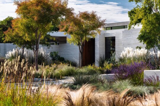 Beautiful contemporary landscape design features vibrant plants and natural textures in a serene outdoor space during daylight hours
