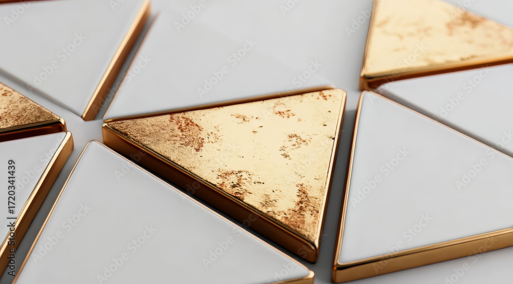 Poster white and gold tile design with a gold triangle in the middle. the design is made up of multiple tri