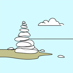 Pyramid of stones on the beach. Zen stones stacked on beach with sky, one line minimalist style