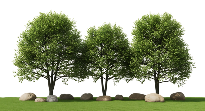 Three Green Trees with Rocks on Grass Transparent Background