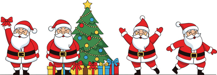 Santa Claus cartoon, Christmas tree illustration, festive holiday characters, gift box design, cheerful seasonal art, winter celebration scene, holiday decoration