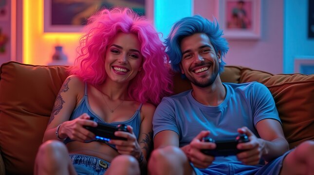 Joyful couple gaming together with vibrant neon lights
