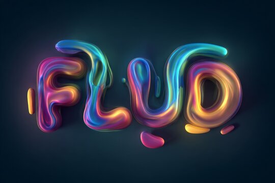 Vibrant glowing liquid text FLUD with iridescent colors on a dark background