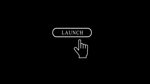 White Line Art Hand Cursor Clicking launch Button on Black Background image photo.4k animation video 