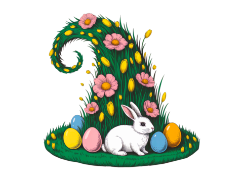 Easter bunny with eggs isolated on transparent background in a flower hat - Powered by Adobe