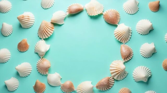 Seashells arrangement on aqua background, a calming circle of shells evokes thoughts of seaside vacations. Seashells arranged in a circle design symbolize nature and summer.