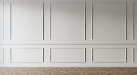 Room interior with white classic wall panel and wooden floor. Light background with luxury elegant molding frames. Realistic 3d vector illustration of home or office design with moulding and parquet