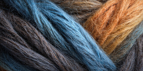 Fototapeta premium Multicolored wool fibers with blue, brown and orange tones forming textured bundle background for textile and craft design - AI generated