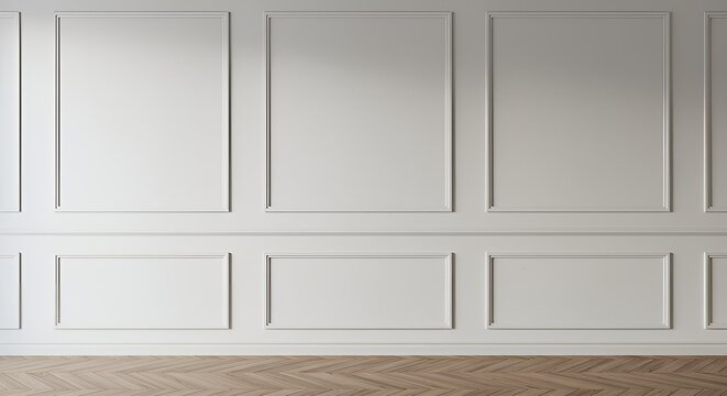 Room interior with white classic wall panel and wooden floor. Light background with luxury elegant molding frames. Realistic 3d vector illustration of home or office design with moulding and parquet