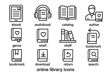 Online library icons: ebook, audiobook, catalog, author, genre, shelf, bookmark, download, return, search
