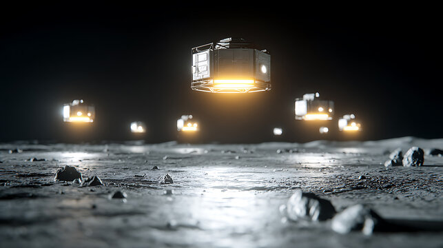 Floating illuminated modules hover over a barren, rocky terrain under a dark sky.