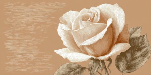 Minimalist floral background with detailed monochrome rose and leaves, ideal for elegant invitations, branding, or romantic marketing materials