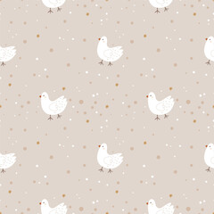 Seamless winter pattern with white birds, snow dots and stars on beige background. Scandinavian minimalism style perfect for holiday textiles, nursery decor, and peaceful seasonal prints.