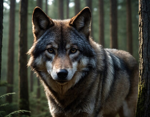 Naklejka premium Partrait of a huge gray wolf against a forest background.