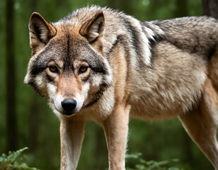 Partrait of a huge gray wolf against a forest background.