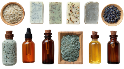 Collection of natural spa products and ingredients, including bath salts, essential oils, and handmade soaps, isolated on transparent background