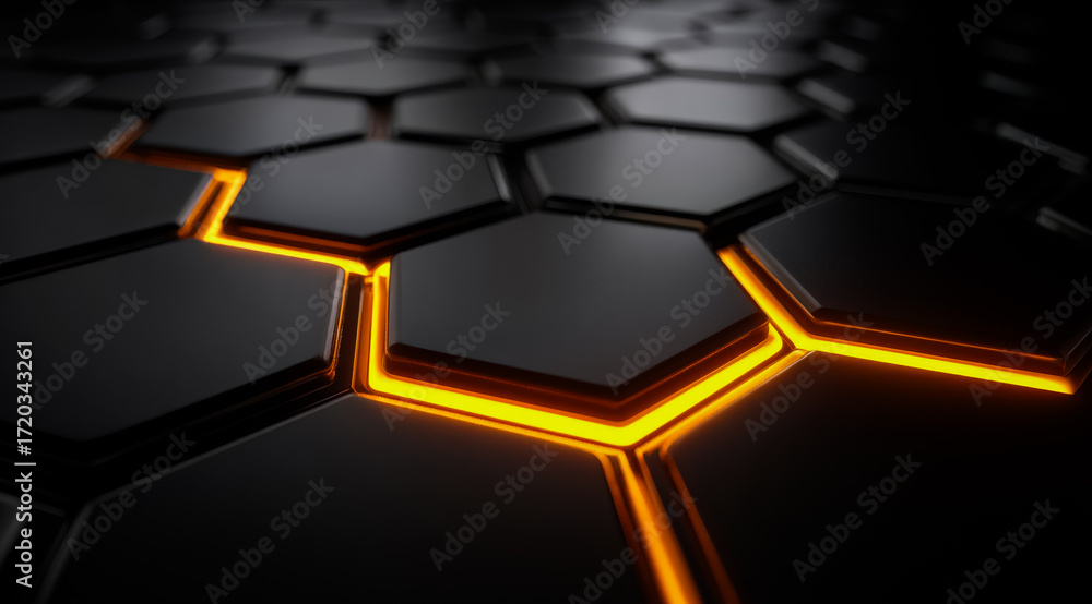 Poster black and orange hexagonal pattern. the pattern is made up of black squares with yellow lines