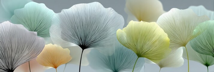 Modern abstract botanical background with transparent colorful ginkgo leaves, ideal for wellness, spa, eco-friendly, or nature-inspired design themes