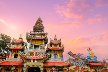 Porcelain temple Linh Phuoc Pagoda on sunset Da Lat, Vietnam