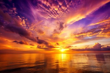 Obraz premium Vibrant sunset over the ocean with colorful clouds and water reflections