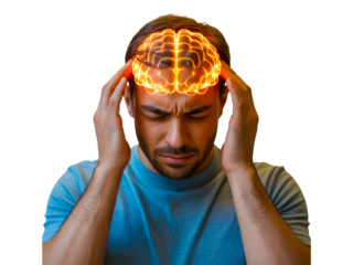 Man with headache and brain inflammation isolated on transparent background