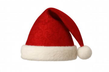 Santa hat featuring a red patterned fabric, white faux fur brim, and a fluffy pompom, ready for christmas celebrations