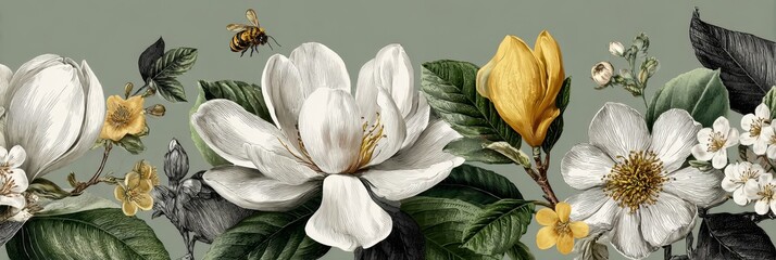 Elegant botanical background with white and yellow flowers, green leaves, and bee, ideal for spring or summer branding, invitations, or wellness marketing