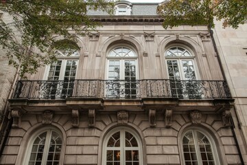 Obraz premium Elegant historic building with intricate balcony design located in a bustling city showcasing classic architecture and urban charm during late afternoon