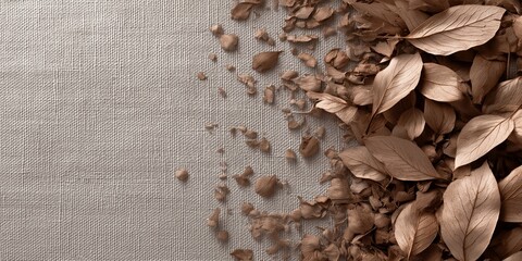 Seasonal autumn-inspired background with dried leaves and petal fragments on textured fabric, suitable for wellness, eco-friendly, or organic product marketing