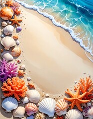 Seashell-lined beach scene with waves