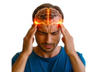 Man with headache holding his head with brain illustration isolated on transparent background