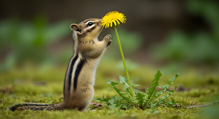 A small grey squirrel with a bushy tail sits in the green grass, eating a nut in the wild