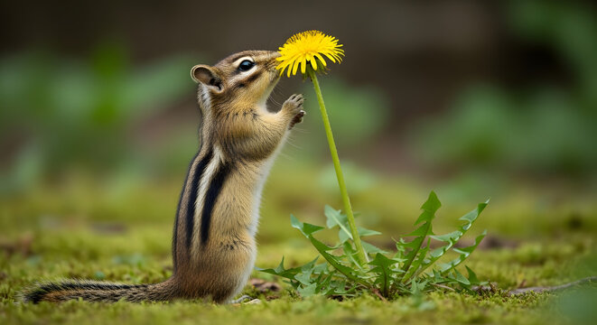 A small grey squirrel with a bushy tail sits in the green grass, eating a nut in the wild