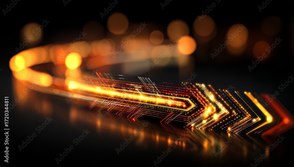 Poster blurry image of an arrow with a red and yellow glow. the image is abstract and has a futuristic feel