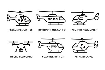 Types of helicopters: rescue, transport, military, drone, news, air ambulance