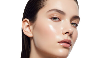 Obraz premium A young woman with glowing skin and wet hair looks to the side with a soft expression isolated on transparent background