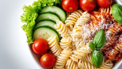 Bowl of pasta with tomatoes, cucumbers, and basil. The pasta is cooked and the vegetables are fresh and colorful