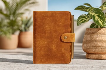 Captivating brown leather journal rests on textured table under natural light surrounded by lush plants creating an inspiring workspace for creative thoughts and reflections