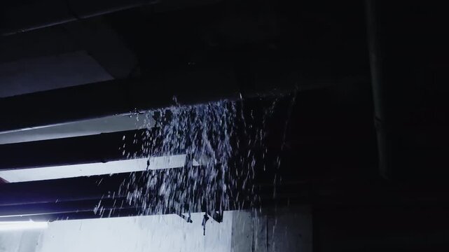 Leaking and water pipe burst on supply line in basement, water dropping from top to below presents continuous flow. The scene reflects indoor damage.