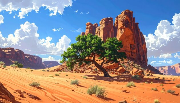 Desert landscape under a vibrant sky with a lone tree