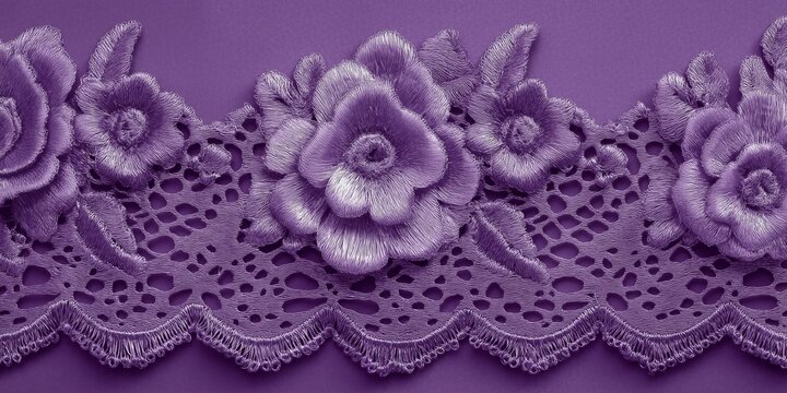 Romantic purple lace with embroidered roses evokes vintage elegance, suitable for wedding, fashion, or feminine branding backgrounds