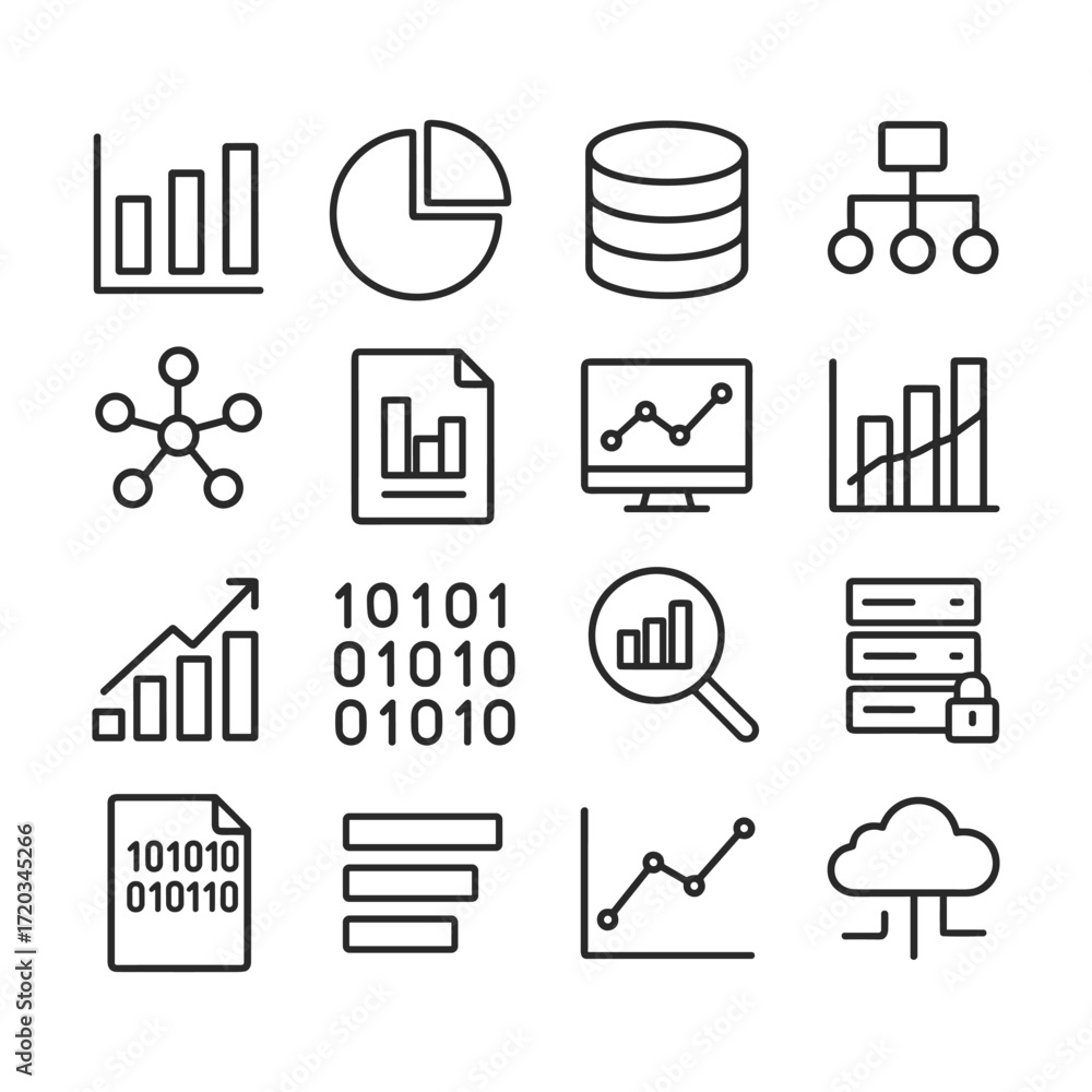 Poster information technology data icons set. outline symbols. line design