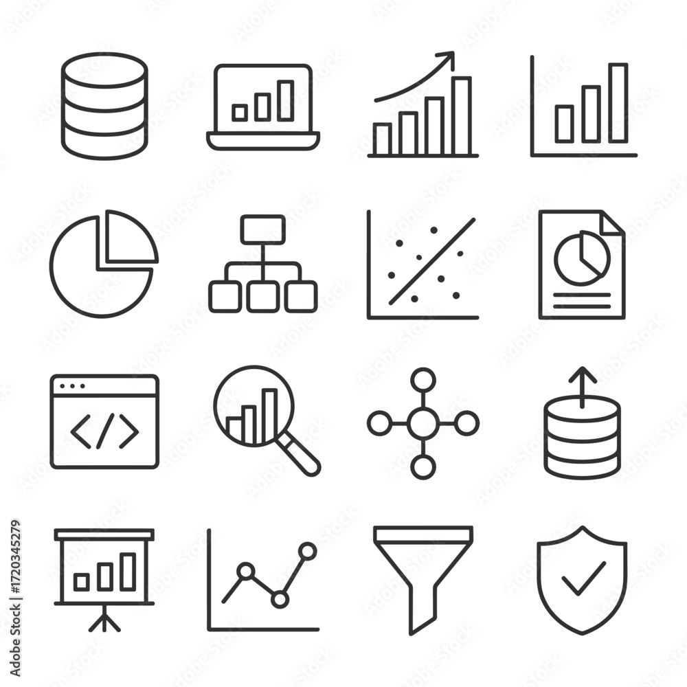 Poster database and storage icons collection. outline symbols. line design