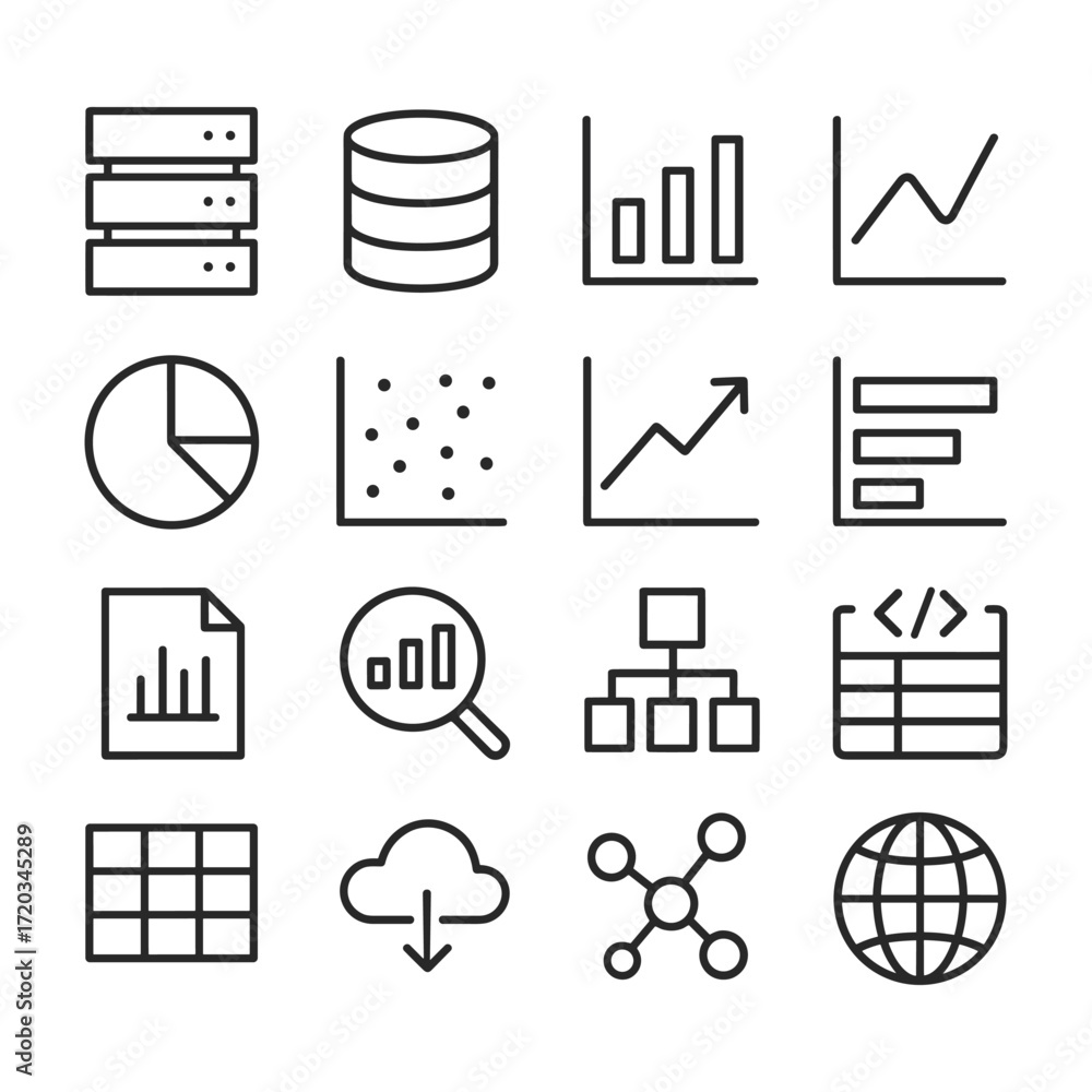 Poster digital data icons vector collection. outline symbols. line design