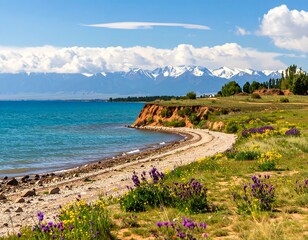 Scenic lake shore with mountains