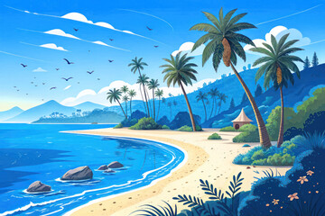 Obraz premium Illustration of a tropical beach with palm trees, clear turquoise water, and birds soaring in the sky, a serene island getaway