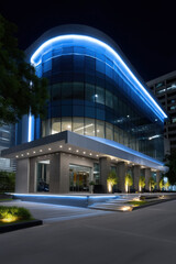 Fototapeta premium Modern building exterior illuminated at night with blue lights