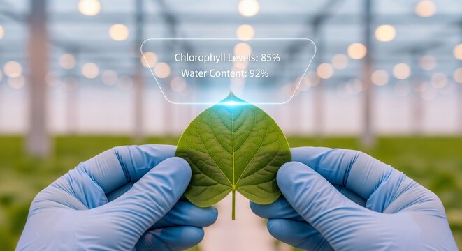 Scientist analyzing plant health with augmented reality in a modern smart farm greenhouse - Powered by Adobe